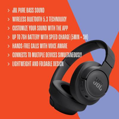 JBL Tune 720BT Wireless Over-Ear Headphones with Mic, Black – T720BLK